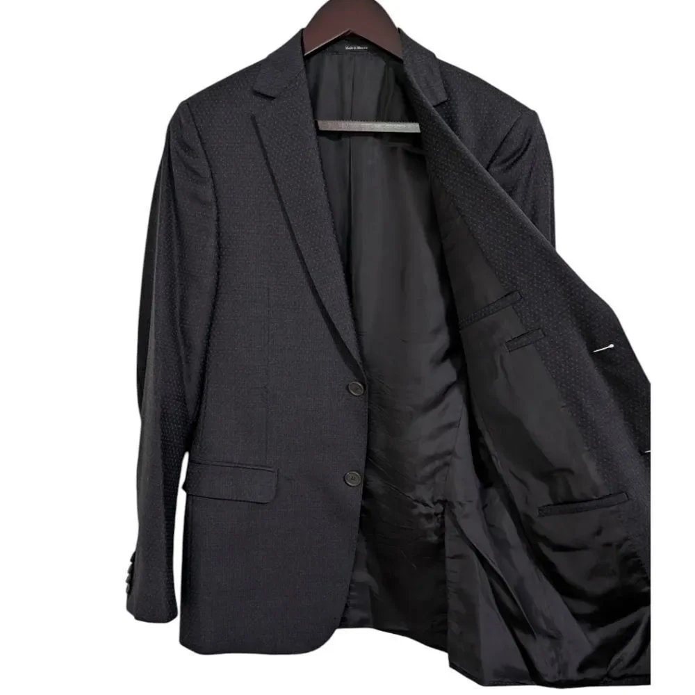 Z Zegna Mens Dark Navy/Black Micro-Pattern Wool Suit Jacket Blazer EU 46R Drop 8